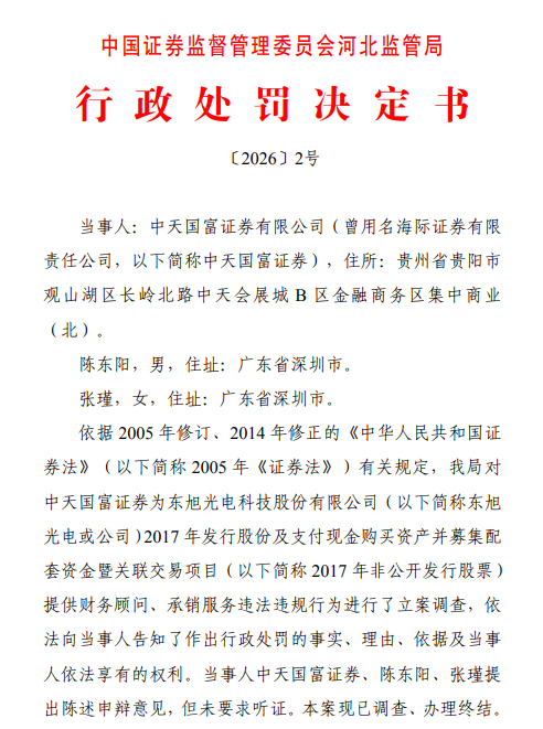 中天国富保代 “悲情二人组” ：东旭光电旧案落地，投行浮沉全是泪